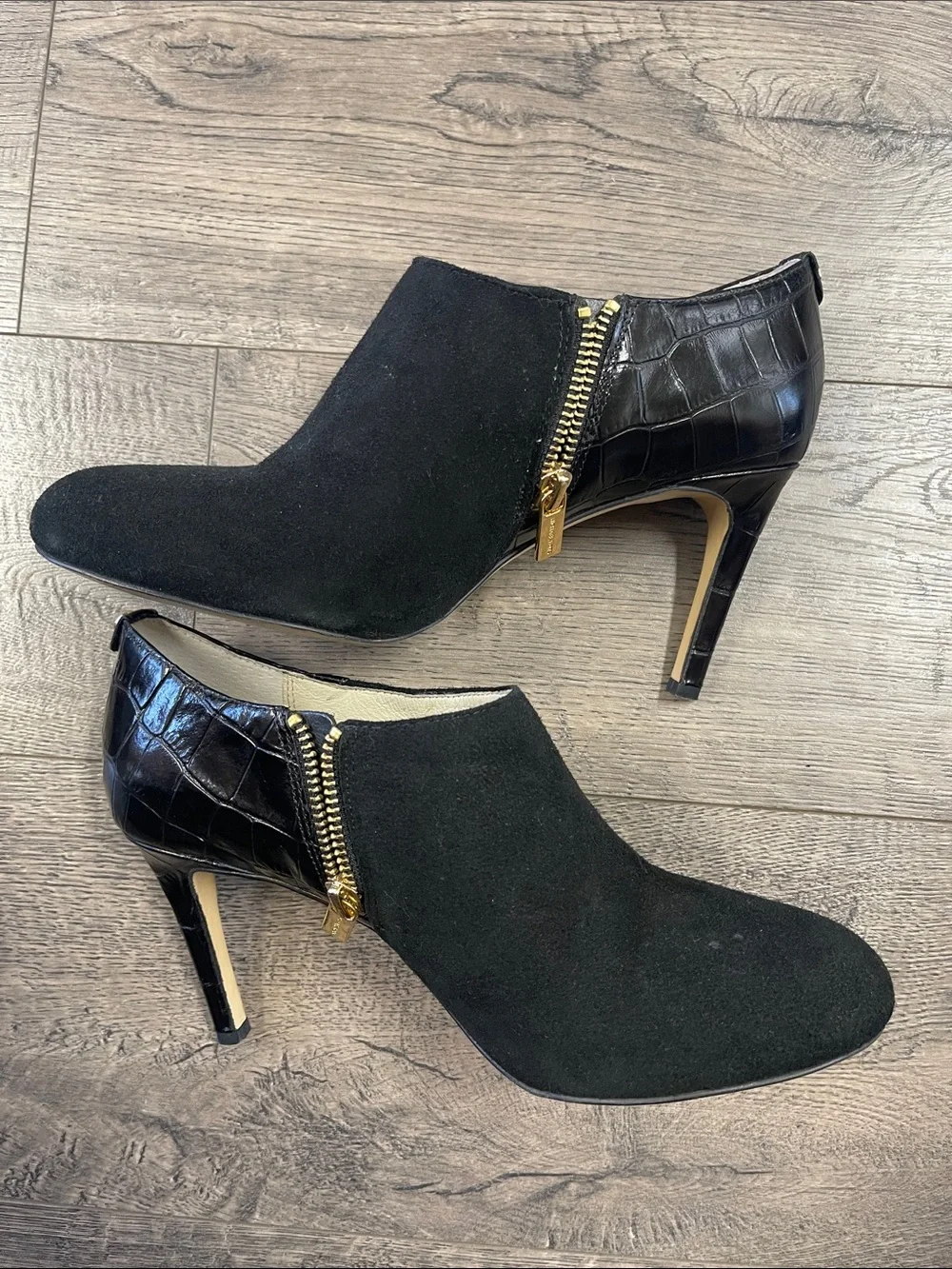 Michael Kors Black Suede and Croc-Embossed Ankle Booties with Gold Zip